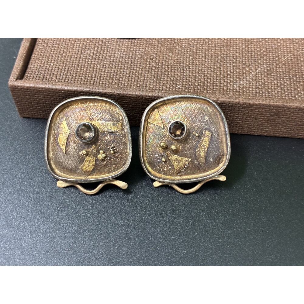 Vintage Modernist Bronze Tone Post Earrings Smoky Rhinestone Brutalist - Picture 2 of 7